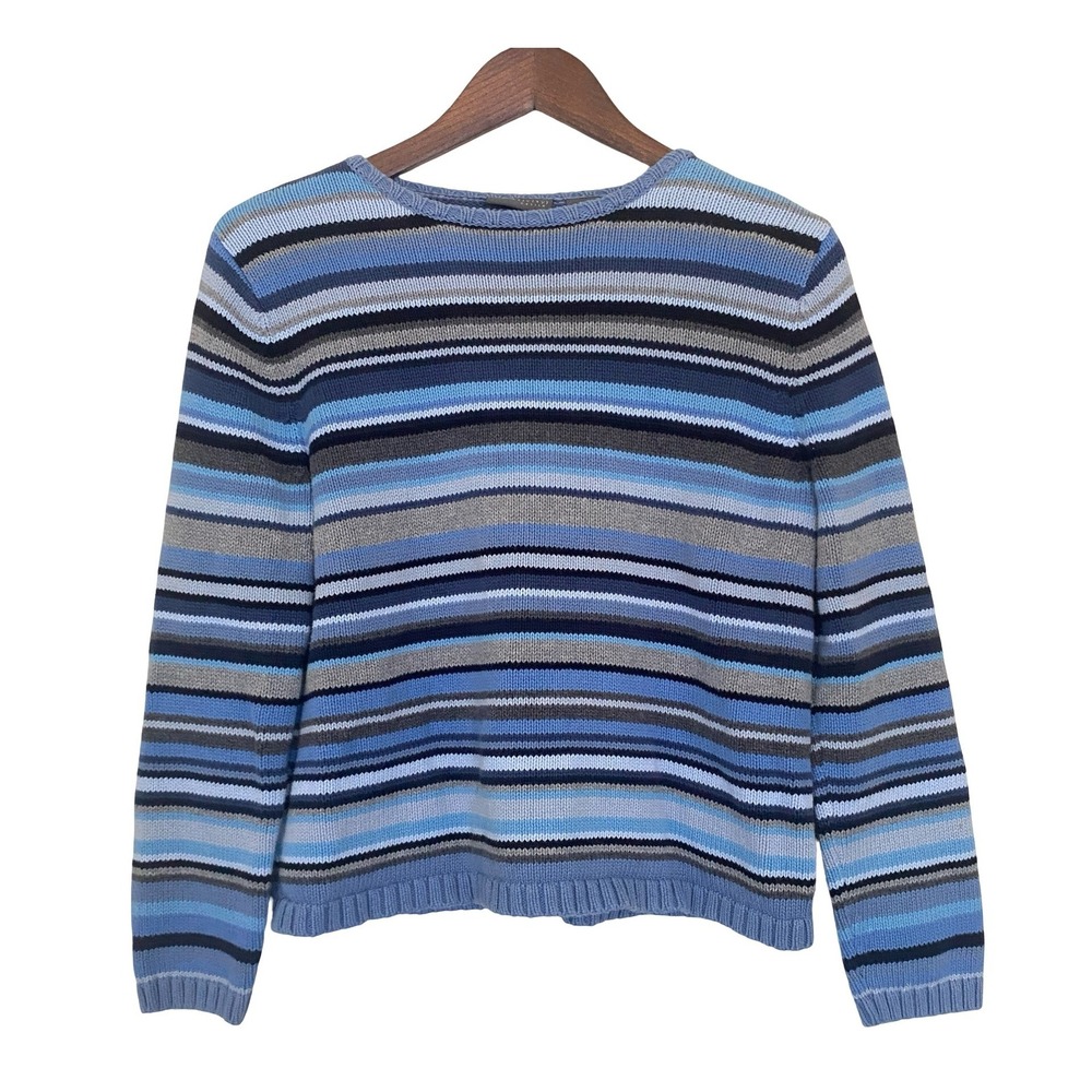 Relativity Petite Blue Striped Cotton Crew Neck Sweater PM Long Sleeve Pullover